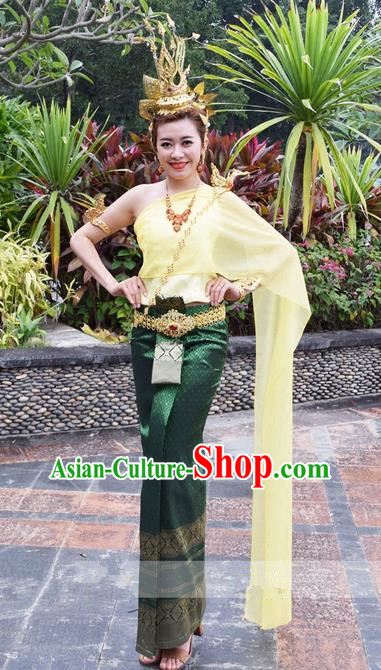 Traditional Traditional Thailand Princess Clothing, Southeast Asia Thai Ancient Costumes Dai Nationality Wedding Green Sari Dress for Women