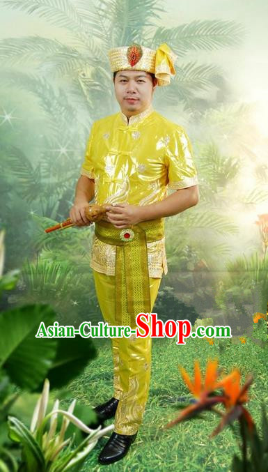 Traditional Traditional Thailand Male Clothing, Southeast Asia Thai Ancient Costumes Dai Nationality Embroidery Green Shirt and Pants Complete Set for Men