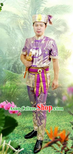 Traditional Traditional Thailand Male Clothing, Southeast Asia Thai Ancient Costumes Dai Nationality Purple Shirt and Pants Complete Set for Men