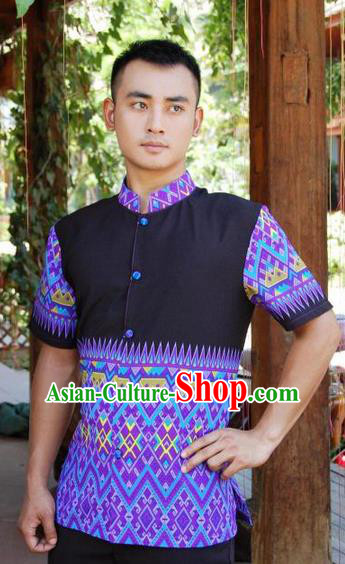 Traditional Traditional Thailand Male Clothing, Southeast Asia Thai Ancient Costumes Dai Nationality Printing Blue Shirt for Men