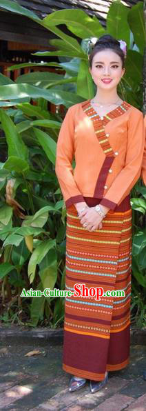 Traditional Traditional Thailand Female Clothing, Southeast Asia Thai Ancient Costumes Dai Nationality Orange Sari Dress for Women