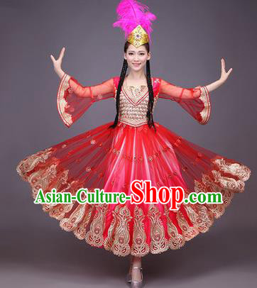 Traditional Chinese Uyghur Nationality Dancing Costume, Folk Dance Ethnic Costume, Chinese Minority Nationality Uigurian Dance Dress for Women