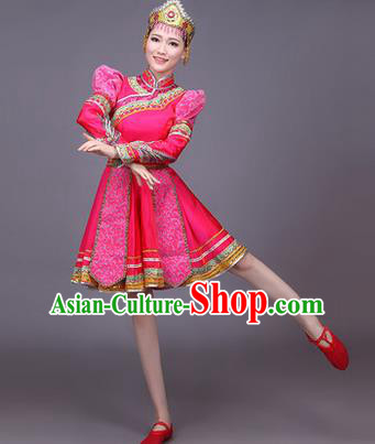 Traditional Chinese Mongol Nationality Dance Costume, Mongols Female Folk Dance Ethnic Pleated Skirt, Chinese Mongolian Minority Nationality Embroidery Pink Short Dress for Women