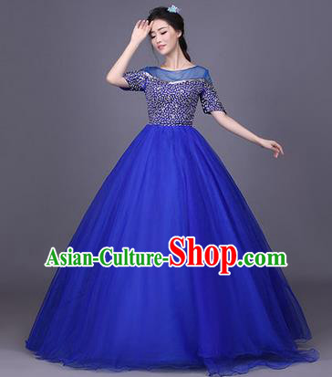 Traditional Chinese Modern Dance Compere Performance Costume, China Opening Dance Chorus Singing Group Clothing, Classical Dance Blue Bubble Dress for Women