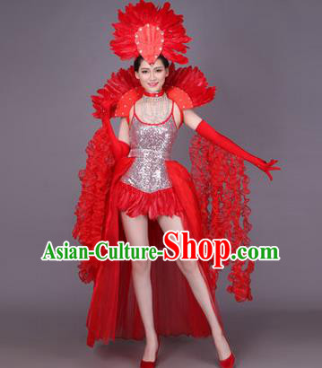 Traditional Chinese Modern Dance Performance Costume, China Opening Dance Samba Dance Clothing, Classical Dance Red Dress for Women