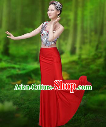 Traditional Chinese Dai Nationality Peacock Dance Costume, Folk Dance Ethnic Pavane Clothing, Chinese Minority Nationality Dance Red Dress for Women