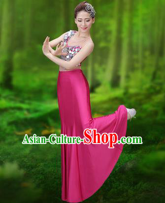 Traditional Chinese Dai Nationality Peacock Dance Costume, Folk Dance Ethnic Pavane Clothing, Chinese Minority Nationality Dance Pink Dress for Women