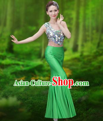 Traditional Chinese Dai Nationality Peacock Dance Costume, Folk Dance Ethnic Pavane Clothing, Chinese Minority Nationality Dance Green Dress for Women