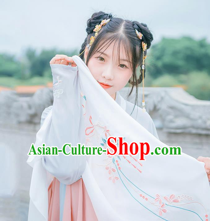 Traditional Chinese Tang Dynasty Palace Princess Embroidered Hanfu White Wearing Silks for Women