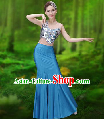 Traditional Chinese Dai Nationality Peacock Dance Costume, Folk Dance Ethnic Pavane Clothing, Chinese Minority Nationality Dance Blue Dress for Women