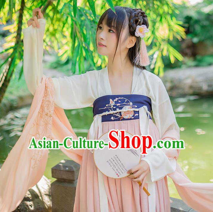 Traditional Chinese Tang Dynasty Palace Princess Embroidered Hanfu Pink Wide Wearing Silks for Women