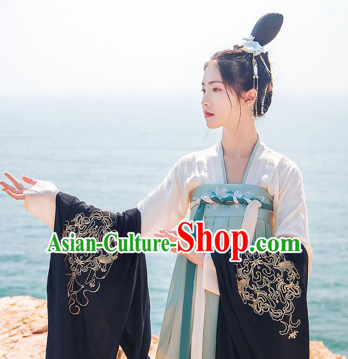 Traditional Chinese Tang Dynasty Palace Princess Embroidered Hanfu Black Wide Wearing Silks for Women