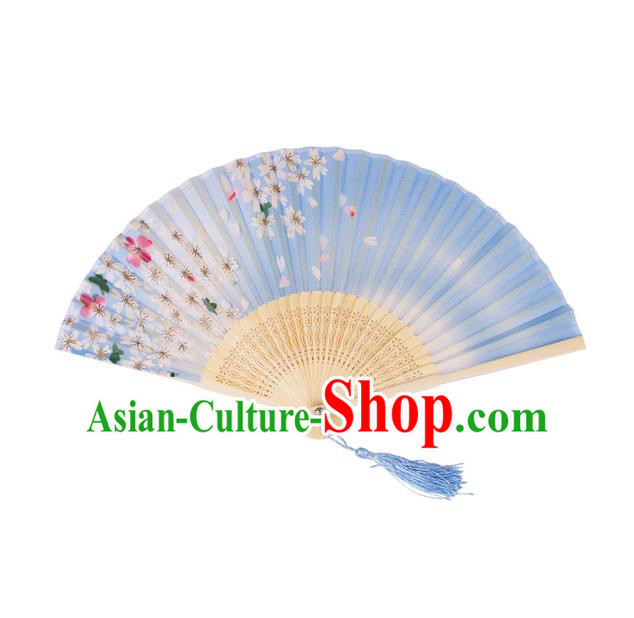 Traditional Chinese Ancient Hanfu Printing Blue Folding Fans for Women
