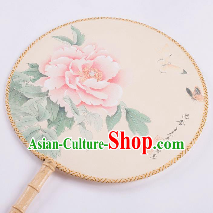 Traditional Chinese Ancient Hanfu Printing Peony Round Fans for Women