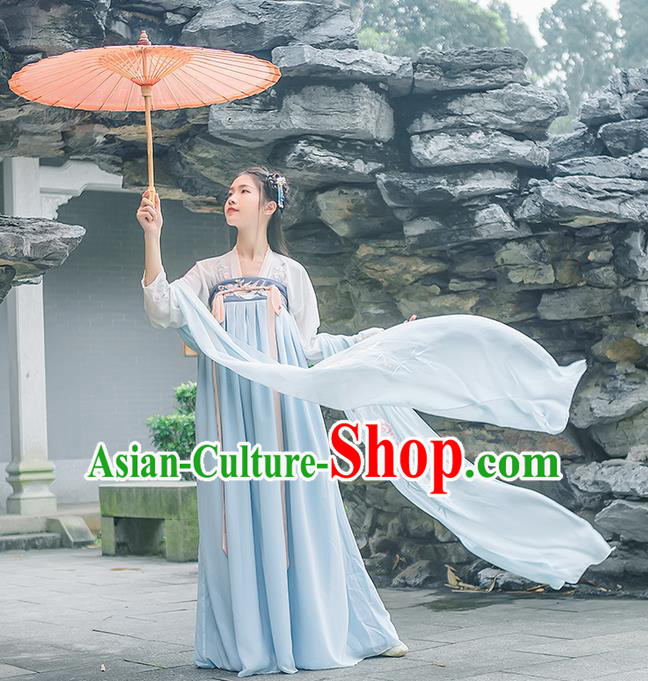 Traditional Chinese Tang Dynasty Palace Princess Embroidered Flowers Hanfu Blue Wide Wearing Silks for Women