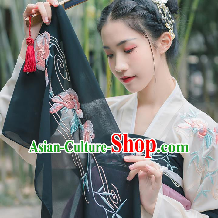 Traditional Chinese Tang Dynasty Palace Princess Embroidered Flowers Hanfu Black Wide Wearing Silks for Women