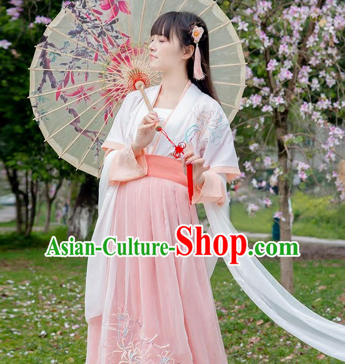 Traditional Chinese Tang Dynasty Palace Princess White Long Ribbons Wearing Silks for Women