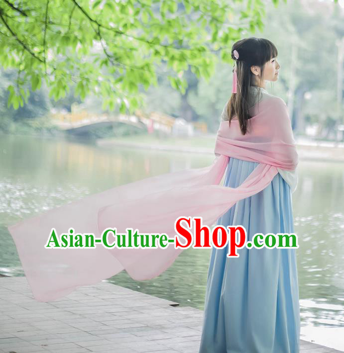 Traditional Chinese Tang Dynasty Palace Princess Pink Long Ribbons Wearing Silks for Women