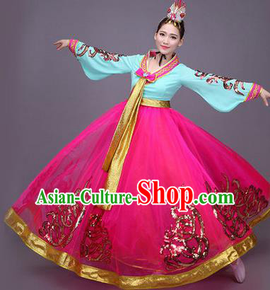 Traditional Korean Nationality Dance Costume, Chinese Minority Nationality Embroidery Hanbok Red Dress for Women