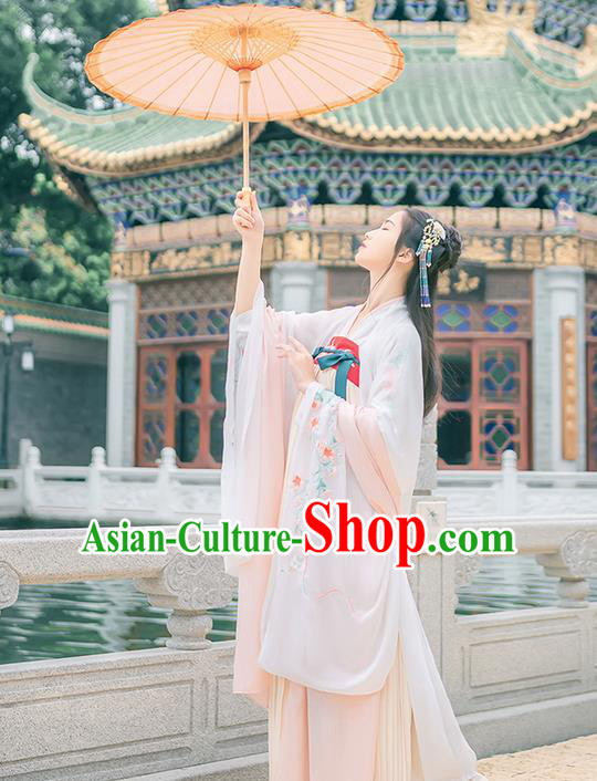 Traditional Chinese Tang Dynasty Young Lady Costume, Elegant Hanfu Clothing Embroidered Wide Sleeve White Cardigan, Chinese Ancient Princess Clothing for Women