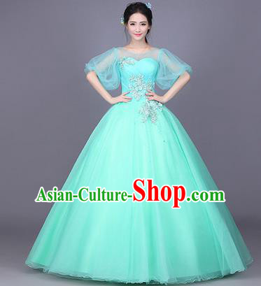 Traditional Chinese Modern Dance Performance Costume, China Opening Dance Full Dress, Classical Dance Blue Bubble Dress for Women