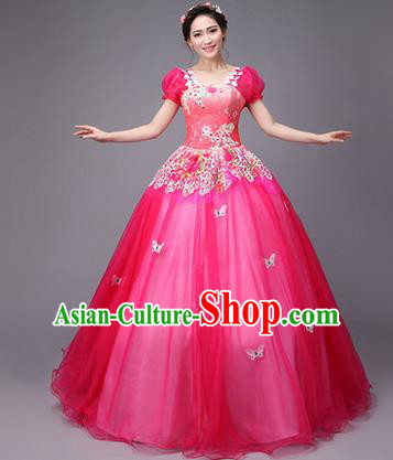 Traditional Chinese Modern Dance Compere Performance Costume, China Opening Dance Chorus Full Dress, Classical Dance Big Swing Rosy Veil Bubble Dress for Women