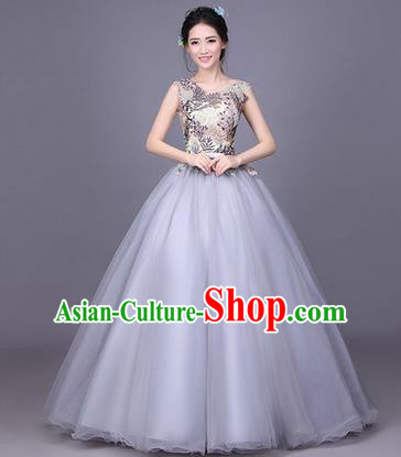 Traditional Chinese Modern Dance Compere Performance Costume, China Opening Dance Chorus Full Dress, Classical Dance Big Swing Grey Veil Bubble Dress for Women