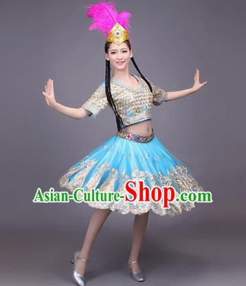 Traditional Chinese Uyghur Nationality Dancing Costume, Folk Dance Ethnic Costume, Chinese Minority Nationality Uigurian Dance Blue Short Dress for Women