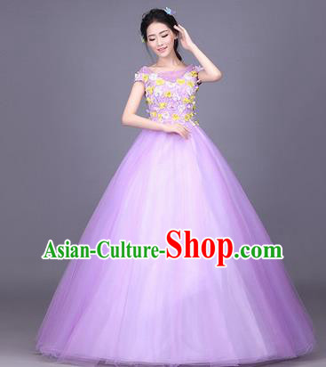 Traditional Chinese Modern Dance Compere Performance Costume, China Opening Dance Chorus Full Dress, Classical Dance Big Swing Purple Bubble Dress for Women