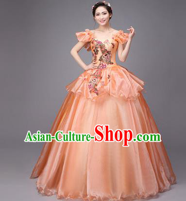 Traditional Chinese Modern Dance Compere Performance Costume, China Opening Dance Chorus Full Dress, Classical Dance Big Swing Orange Dress for Women