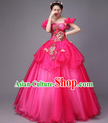 Traditional Chinese Modern Dance Compere Performance Costume, China Opening Dance Chorus Full Dress, Classical Dance Big Swing Rosy Dress for Women