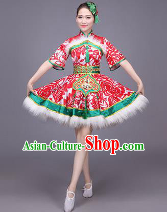 Traditional Chinese Yangge Fan Dancing Costume, Folk Dance Yangko Uniform Drum Dance Red Paper-cut Dress for Women