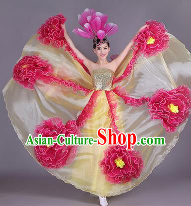 Traditional Chinese Modern Dance Compere Performance Costume, China Opening Dance Chorus Big Swing Flowers Full Dress, Classical Dance Yellow Dress for Women