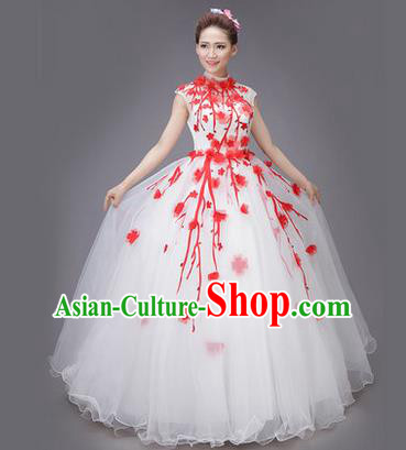 Traditional Chinese Modern Dance Compere Performance Costume, China Opening Dance Chorus Big Swing Full Dress, Classical Dance Red Plum Blossom Dress for Women