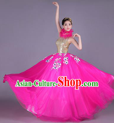 Traditional Chinese Modern Dance Performance Costume, China Opening Dance Clothing, Classical Dance Pink Bubble Dress for Women