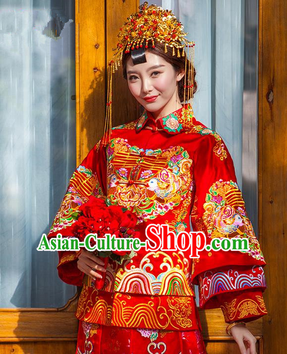 Traditional Chinese Wedding Costume Xiuhe Suits Wedding Bride Dress, Ancient Chinese Toast Dress Embroidered Dragon and Phoenix Clothing Longfeng Flown for Women