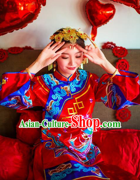 Traditional Chinese Wedding Costume Xiuhe Suits Wedding Bride Red Suit, Ancient Chinese Toast Dress Hand Embroidered Dragon and Phoenix Clothing Longfeng Flown for Women