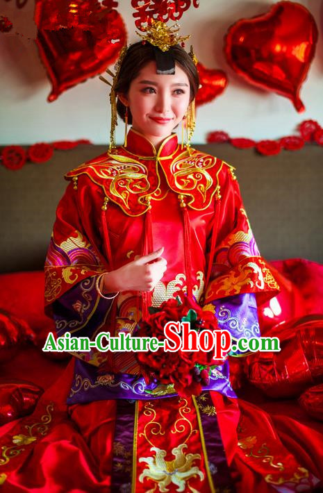 Traditional Chinese Wedding Costume Xiuhe Suits Wedding Bride Red Suit, Ancient Chinese Toast Dress Hand Embroidered Clothing Longfeng Flown for Women