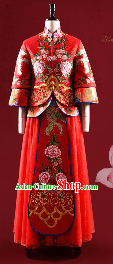 Traditional Chinese Wedding Costume XiuHe Suit Clothing Dragon and Phoenix Flown, Ancient Chinese Bride Embroidered Peony Cheongsam Dress for Women