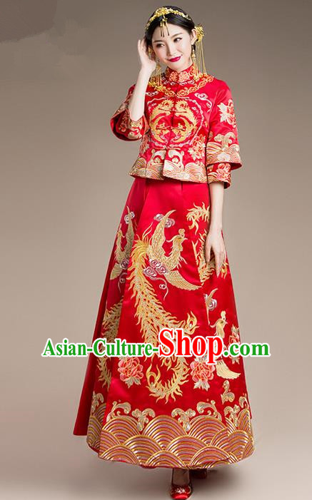 Traditional Chinese Wedding Costume and Headpiece Complete Set, Traditional Xiuhe Suits Wedding Bride Dress, Ancient Chinese Toast Dress Embroidered Peony Dragon and Phoenix Clothing for Women