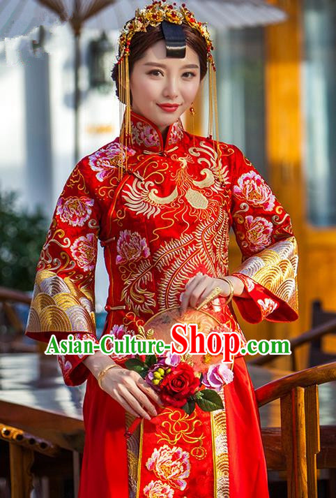 Traditional Chinese Wedding Costume Xiuhe Suits Wedding Red Suit, Ancient Chinese Bride Toast Dress Hand Embroidered Clothing Longfeng Flown for Women
