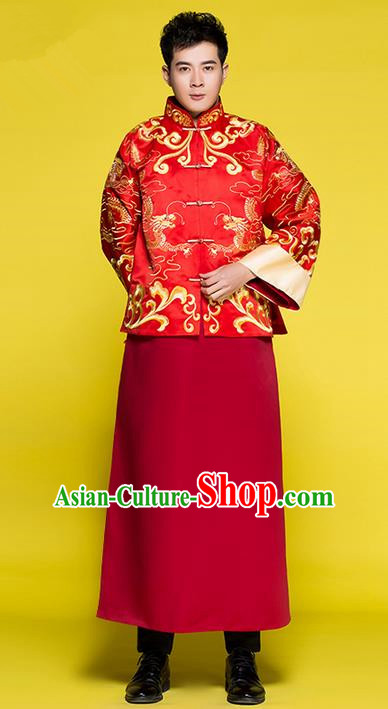 Traditional Chinese Wedding Costume Tang Suits Wedding Red Clothing, Ancient Chinese Bridegroom Toast Embroidered Long Flown for Men