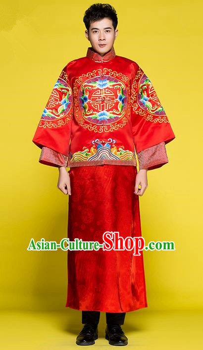 Traditional Chinese Wedding Costume Tang Suits Xiuhe Wedding Red Clothing, Ancient Chinese Bridegroom Toast Embroidered Long Robes for Men