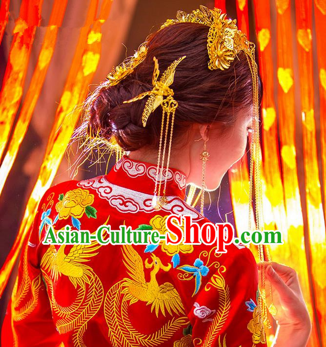 Traditional Chinese Wedding Xiuhe Suit Hair Accessories, Cnina Style Phoenix Coronet Step Shake, Ancient Chinese Bride Tassel Hairpins for Women