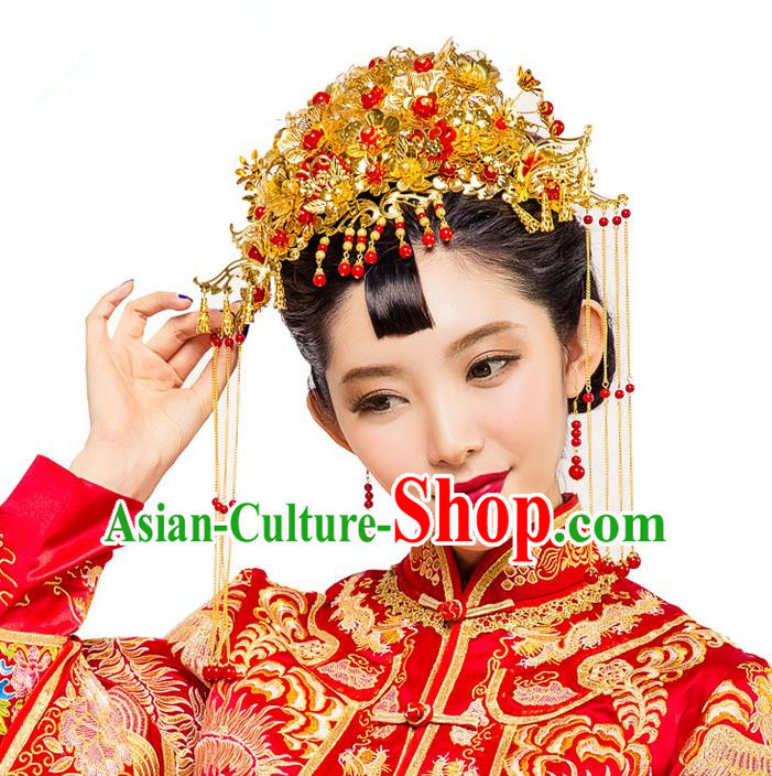 Traditional Chinese Wedding Xiuhe Suit Hair Accessories Hair Comb, Cnina Style Hanfu Phoenix Coronet Tassel Step Shake, Ancient Chinese Bride Hairpins Head Ornament for Women