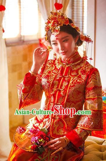 Traditional Chinese Wedding Costume Xiuhe Wedding Red Clothing Longfeng Flown, Ancient Chinese Bride Toast Embroidered Dress for Women