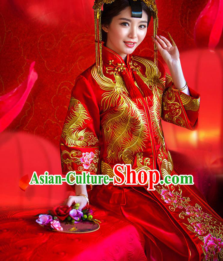 Traditional Chinese Wedding Costume Xiuhe Wedding Red Clothing Longfeng Flown, Ancient Chinese Bride Toast Embroidered Dragon and Phoenix Dress for Women