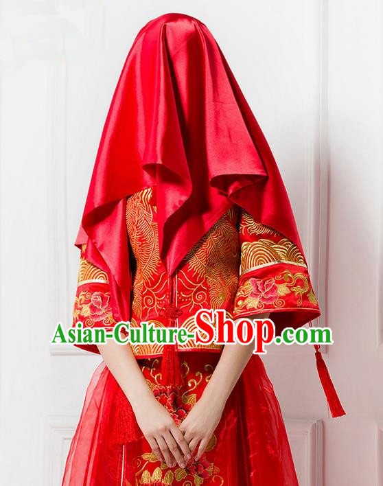 Traditional Chinese Wedding Costume Xiuhe Red Veil, Ancient Chinese Bride Embroidered Chinese Knot Red Head Cover for Women