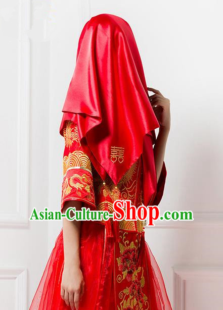 Traditional Chinese Wedding Costume Xiuhe Red Bridal Veil, Ancient Chinese Bride Embroidered Chinese Knot Red Head Cover for Women