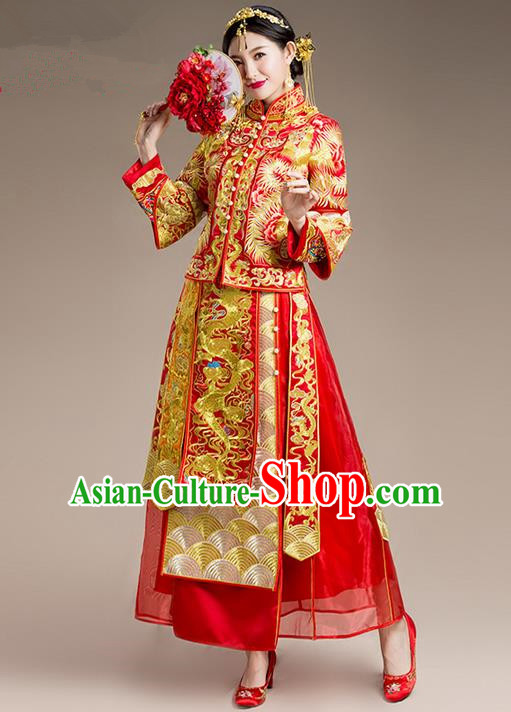 Traditional Chinese Wedding Costume Xiuhe Suit Clothing Dragon and Phoenix Flown, Ancient Chinese Bride Embroidered Cheongsam Dress for Women